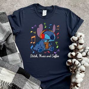 Stitch People Gift for Fans Happy and Cute TShirt, Music And Coffee, Cartoon
